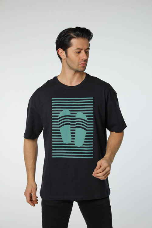 Baskılı Oversize Bisiklet Yaka T-Shirt