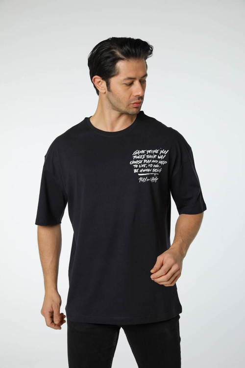 Baskılı Oversize Bisiklet Yaka T-Shirt