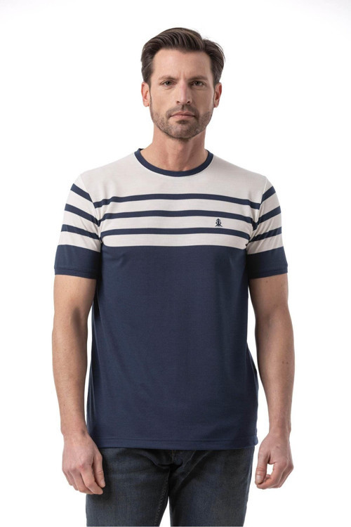 Yatay Çizgili Bisiklet Yaka T-Shirt