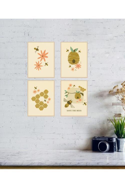 Bohem Ahşap 4 Lü Tablo, Estetik Duvar Mdf Ahşap Tablolar