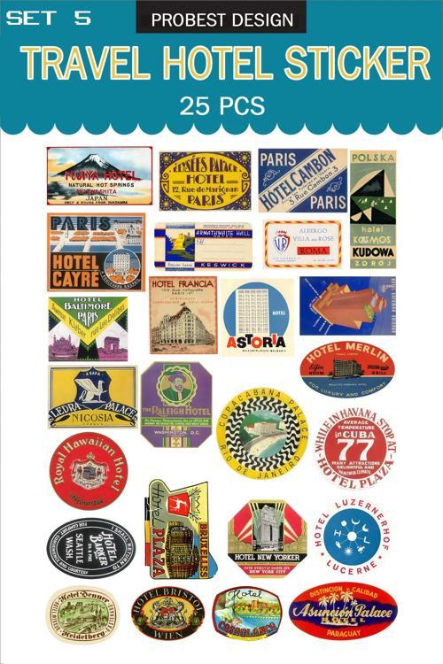 Seyahat Retro Otel Temalı Bavul Etiketleri, Retro Sticker