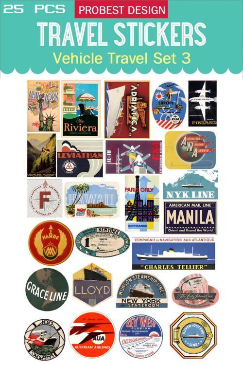 Seyahat Ulaşım Araçları Bavul Etiketleri,  Retro Sticker, Laptop, Karavan, Defter Etiketleri