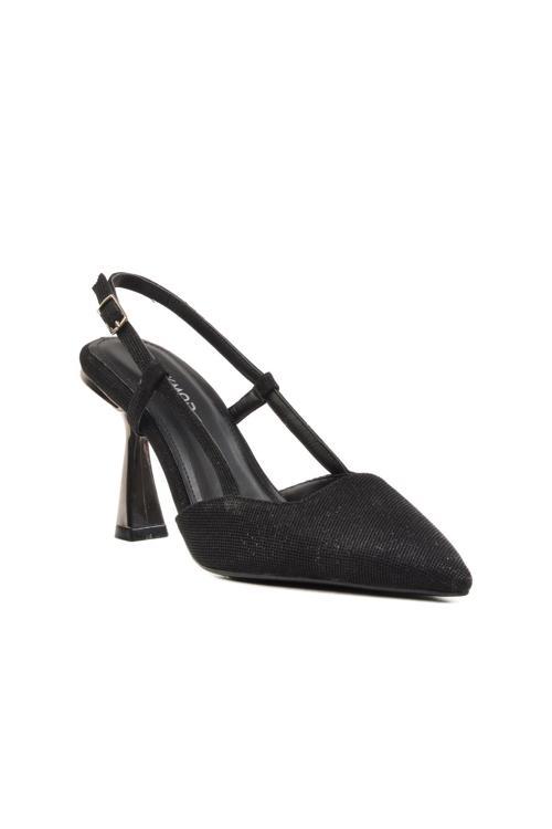 459158 Z Siyah Simli Tekstil Kadın Abiye Ayakkabı Stiletto Düğün Nişan Ayakkabısı