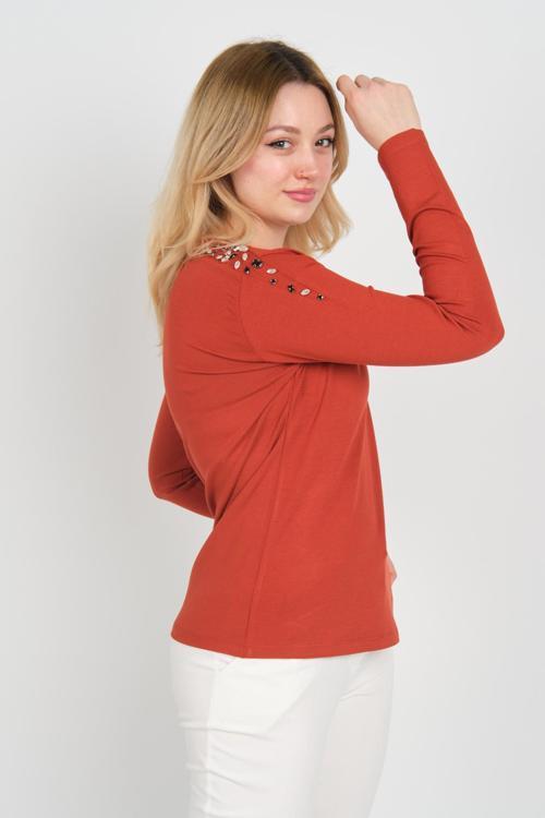 Kadın Omuzları Taş Süslemeli Uzun Kollu Bisiklet Yaka Bluz 24526 Kiremit