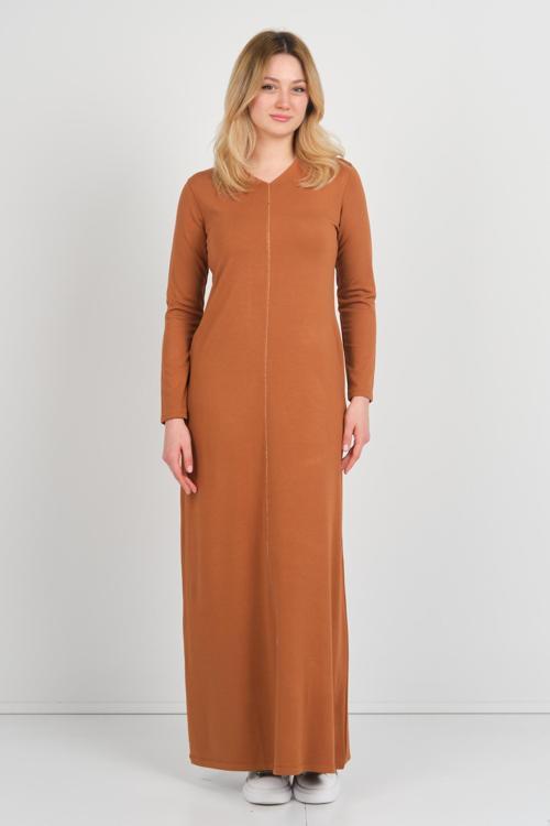 Kadın V Yaka Çift Cepli İnce Şerit Detaylı Maxi Elbise 23813 Camel