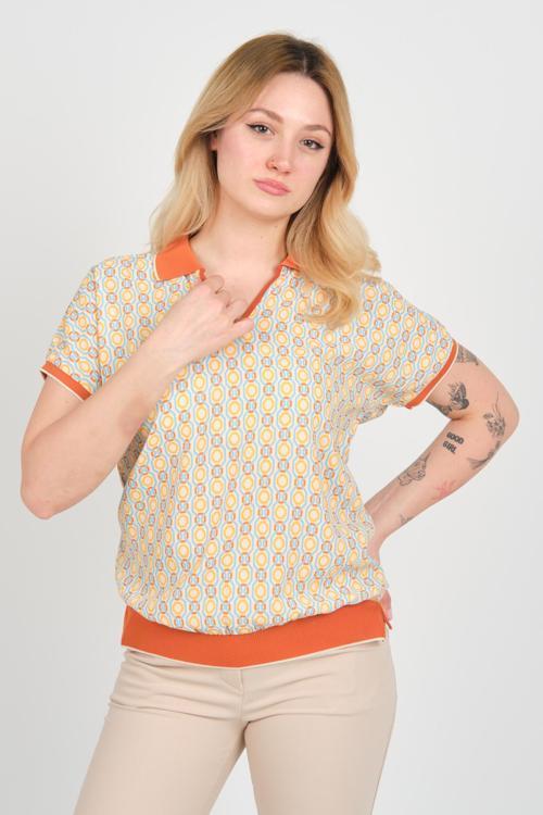 Kadın Desenli Polo Yaka Beli ve Kolları Lastikli Bluz 24E107 Kiremit