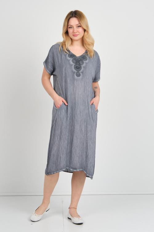 Kadın Omuz Detaylı Çift Cepli Kendinden Desenli Elbise 19E074 Indigo