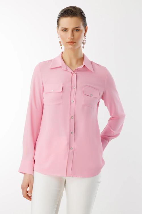 Kadın Çift Kapak Cepli Düğmeli Bluz 3026 Pembe
