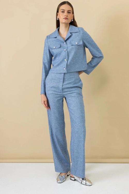 Kadın Yan Cepli Bol Paça Pantolon 4198 Blue