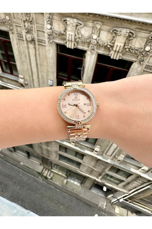 Wel3303-5 Taşlı Kasa Tasarımı Rose Gold Kadran Ve Kordon Kadın Kol Saati