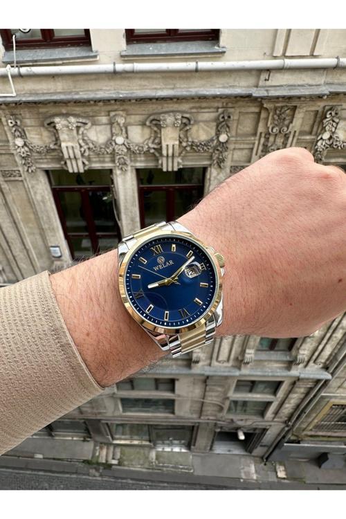 Wel3319-4 Takvimli Lacivert Kadran Ve Gümüş Altın Kaplama Kordon Çelik Erkek Kol Saati