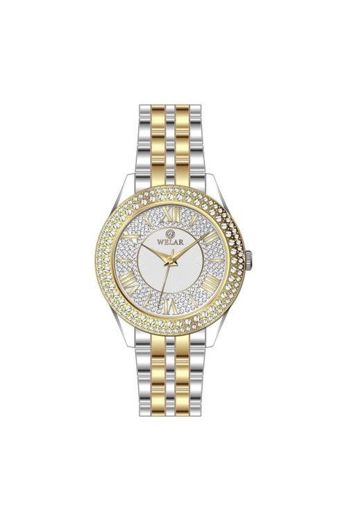 Wel3322-5 Taşlı Kasa Tasarımı Beyaz Kadran Ve Gold Gümüş Kaplama Kordon Çelik Kadın Kol Saati