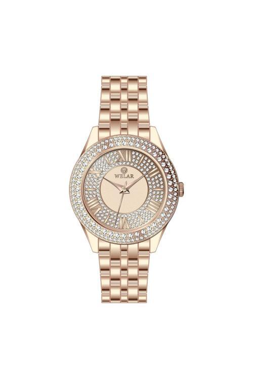 Wel3322-6 Taşlı Kasa Tasarımı Rose Gold Kaplama Kordon Çelik Kadın Kol Saati