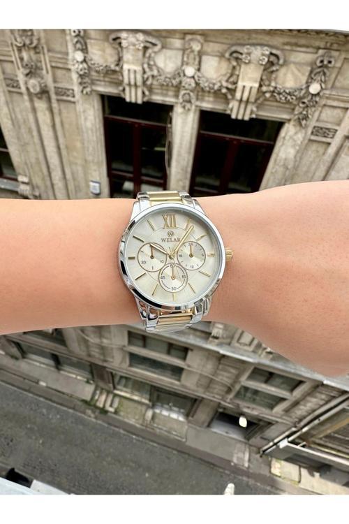 Wel3383-2 Beyaz Kadran Gold Kasa Ve Gümüş Altın Kaplama Kordon Çelik Kadın Kol Saati