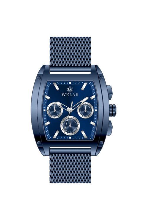 Wel3403-10 Dikdörtgen Lacivert Kasa Kadran Ve Lacivert Kordon Hasır Erkek Kol Saati