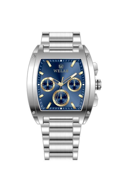 Wel3403-13 Fonksiyonlu Dikdörtgen Kasa Lacivert Kadran Ve Gümüş Kordon Çelik Erkek Kol Saati