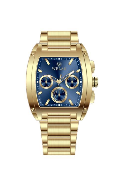 Wel3403-14 Dikdörtgen Kasa Lacivert Kadran Ve Gold Altın Kaplama Kordon Çelik Erkek Kol Saati