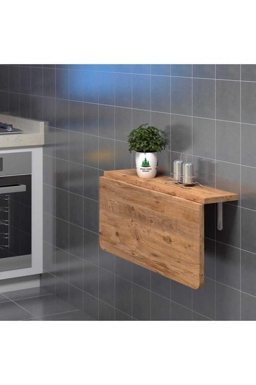 90X60 Cm Ahşap Çam Desenli Mdf Oval Köşeli Açılır Kapanır Duvara Monte Raf Masa - Mutfak Masası