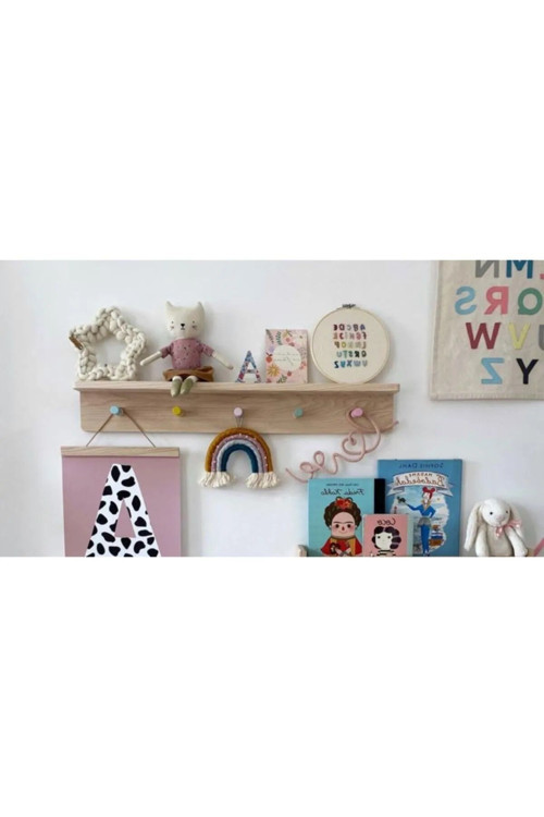 Ahşap Raflı Duvar Askılığı Montessori Askılık