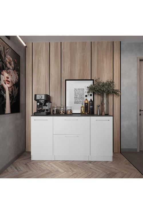 Juba Mutfak 2 Kapaklı-2 Çekmeceli Alt Modül -140 Cm - Çok Amaçlı Dolap -Beyaz-Tezgah Dahil