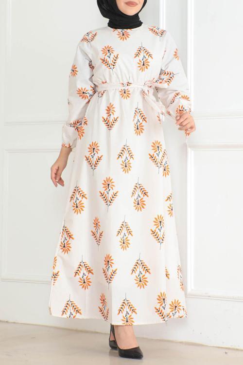 Desenli Kolu Büzgülü Elbise Turuncu - 26623