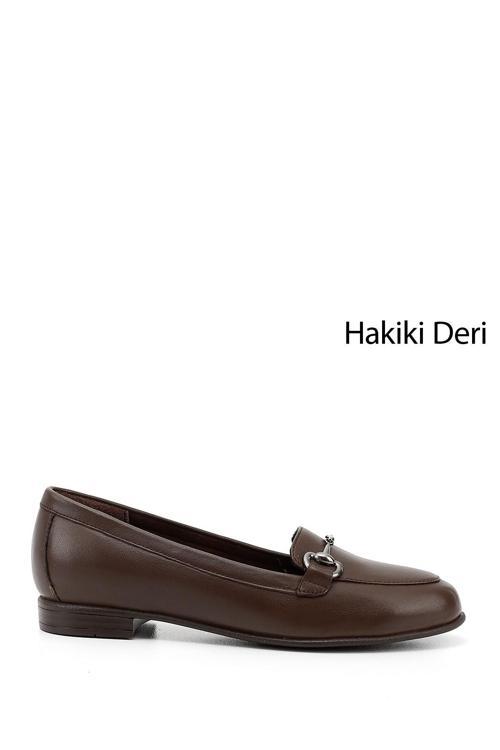 Kadın Kahve Antik Hakiki Deri Tokalı Babet