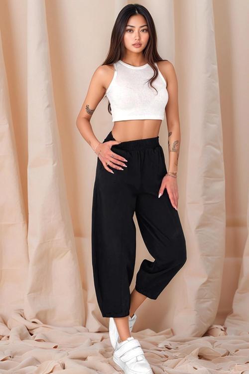 Kadın Pamuklu Bel Lastikli Dikiş Detaylı Siyah Gabardin Kumaş Pantolon