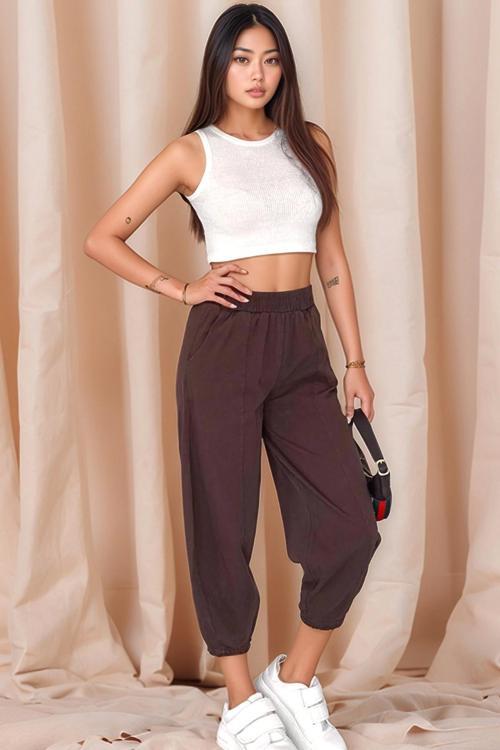 Kadın Pamuklu Bel Lastikli Dikiş Detaylı Kahve Gabardin Kumaş Pantolon