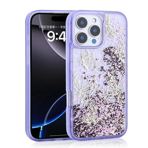 Apple iPhone 16 Pro Kılıf Sıvılı Simli Kelebek Baskılı Şeffaf Arka Yüzey Zore Glis Silikon Kapak