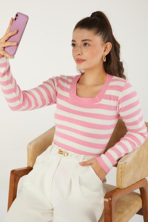 Çizgili Bluz Pembe - 26523