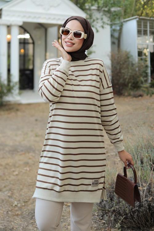 Kadın Bisiklet Yaka Çizgili Armalı Tunik - 26564 Kahve - 26564