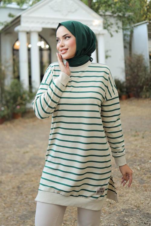 Kadın Bisiklet Yaka Çizgili Armalı Tunik - 26564 Zümrüt - 26564