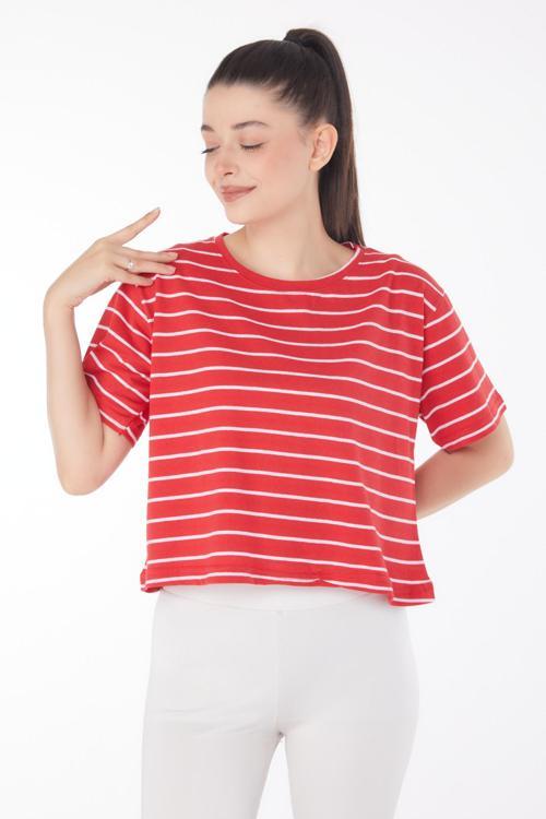 Çizgili Kısa Kollu Crop Kirmizi - 25842
