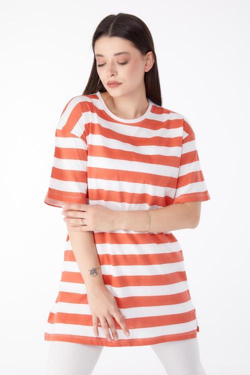 Çizgili T-Shirt Kiremit - 25304