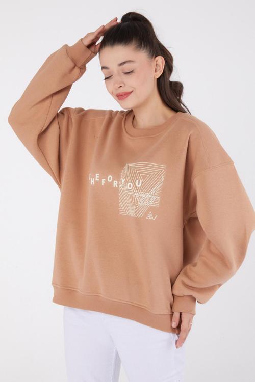Baskılı Sweatshirt Vizon - 26473
