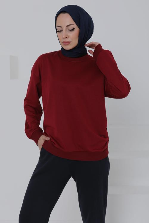 Kadın Bisiklet Yaka Oversize Sweatshirt Bordo - 26567