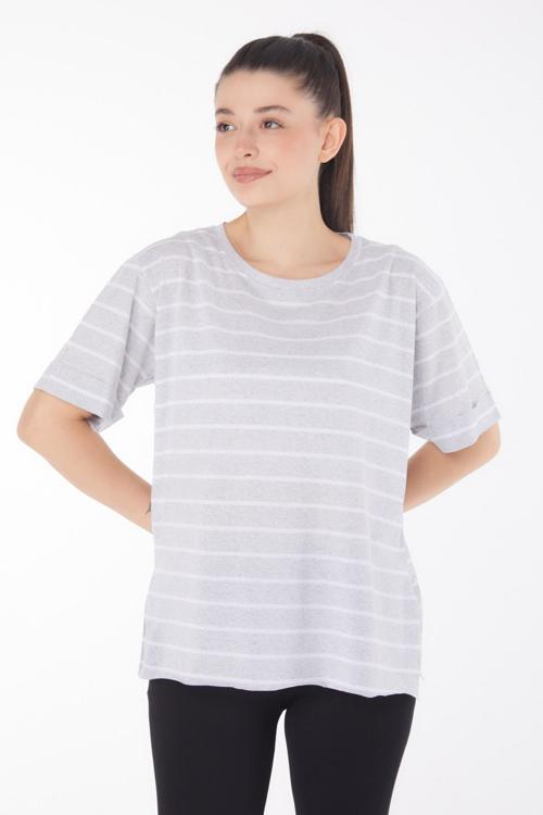 Çizgili Kısa Kollu T-shirt Açik Gri - 25840