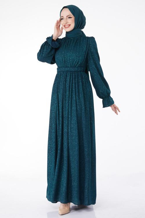 Simli Kemerli Abiye Elbise Zümrüt - 25058