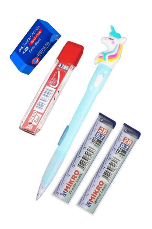 Işıklı Unicorn Uçlu Kalem Seti Mavi 0.7 mm 1 Paket Unicorn Başlıklı Versatil Kalem Süslü Silikonlu Hediyelik Kalem