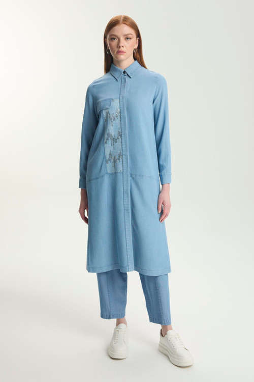 Gizli Düğme Detaylı Pullu Uzun Denim Tunik T-1572