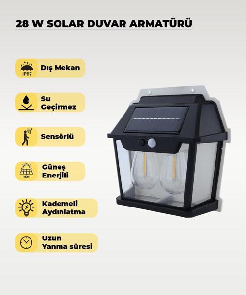 28W Dekoratif Çift Ampullü Solar Aplik 3200K Sarı Işık