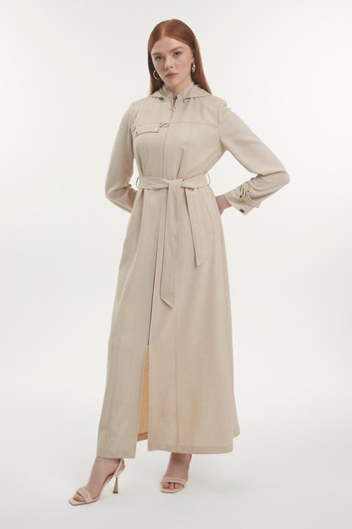 Kapüşonlu Kuşaklı Bej Pardesü 13796