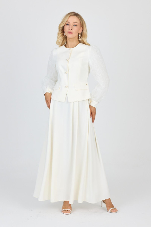 Dantel Kollu Ceket Etek Ekru İkili Takım TK-1529