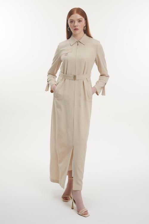 Gömlek Yaka Fermuarlı Kemerli Bej Pardesü 13781