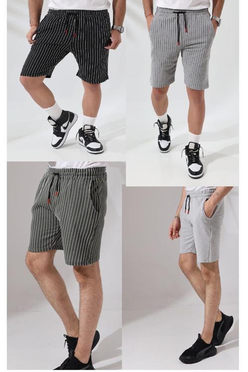 Erkek Regular Fit Gri Siyah Haki Çizgili Pamuklu Yazlık Şort 4 Lü