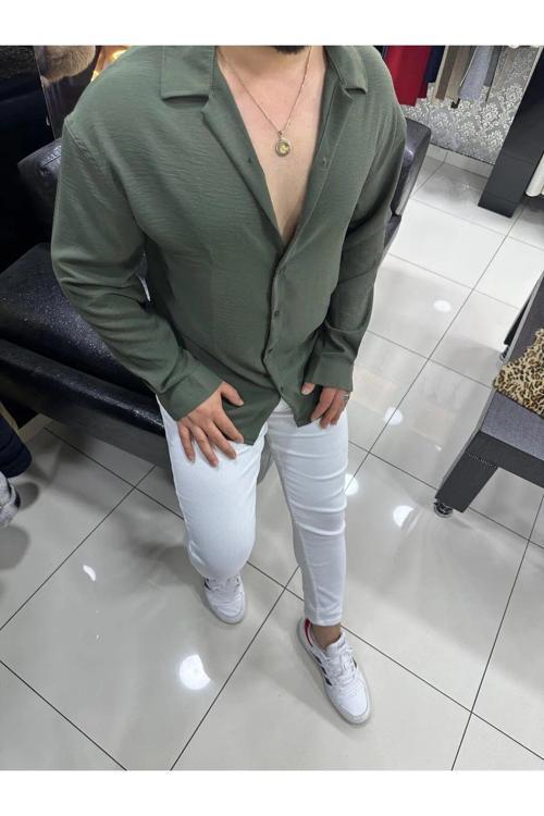 Yazlık Haki Aerobin Bol Kalıp Uzun Kollu  Erkek Gömlek