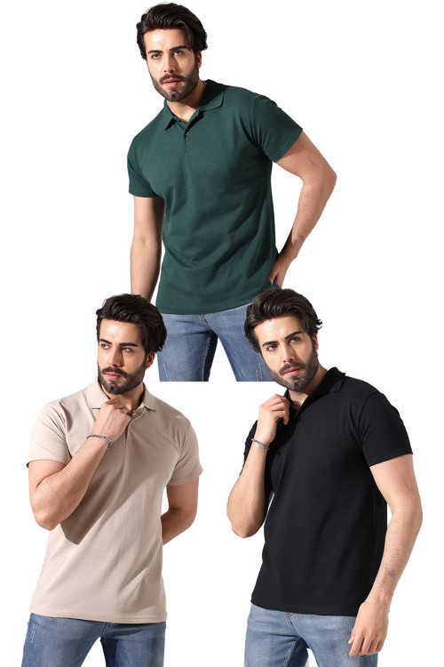 Erkek 3'Lü Set Polo Yaka Kısa Kollu Yazlık T-Shirt