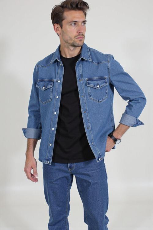 Erkek %100 Pamuk Denim/Kot Rahat Gömlek- Ceket