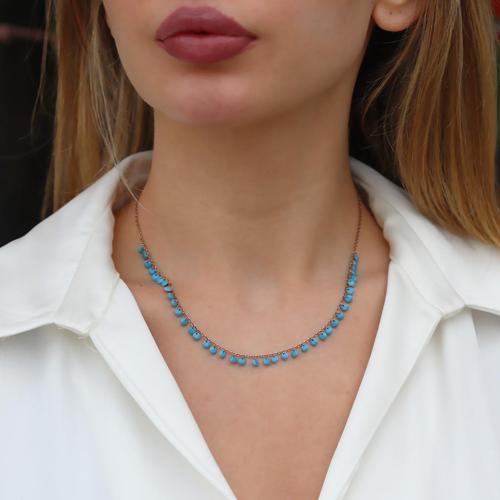 Sıra Turkuaz Taşlı Rose Gold Gümüş Kolye