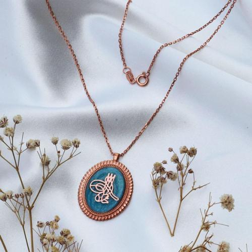 Mine İşli Osmanlı Tuğrası Rose Gold Kaplama Gümüş Kolye